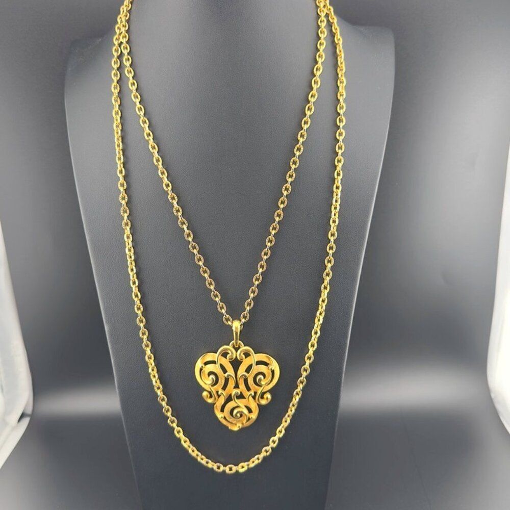 Vintage Crown TRIFARI Gold toneTwo Strand Chain Link Swirl Pendant Necklace
